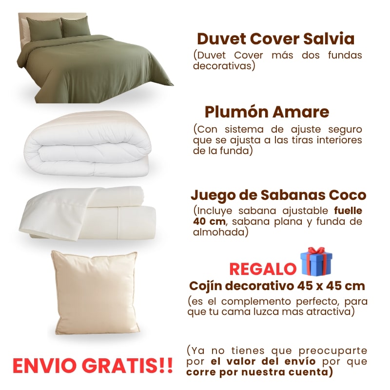 Combo Salvia: Plumón + Duvet Cover + Juego de Sábanas + Cojín REGALO + ENVÍO GRATIS