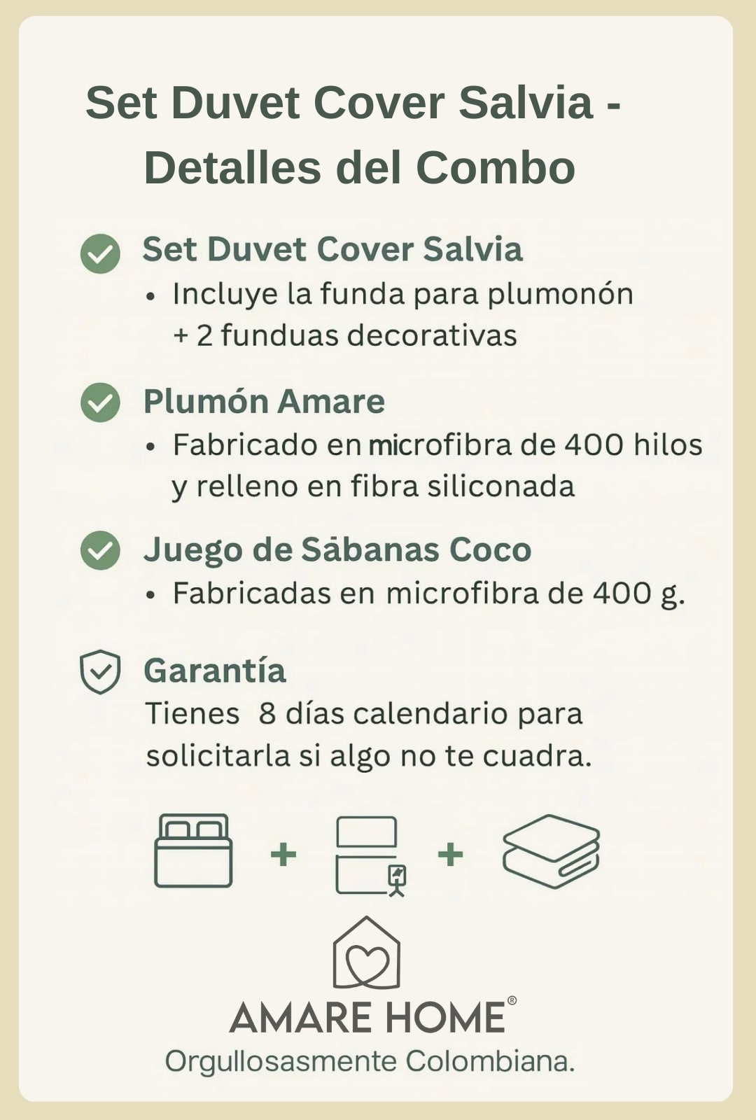 Combo Salvia: Plumón + Duvet Cover + Juego de Sábanas + Cojín REGALO + ENVÍO GRATIS
