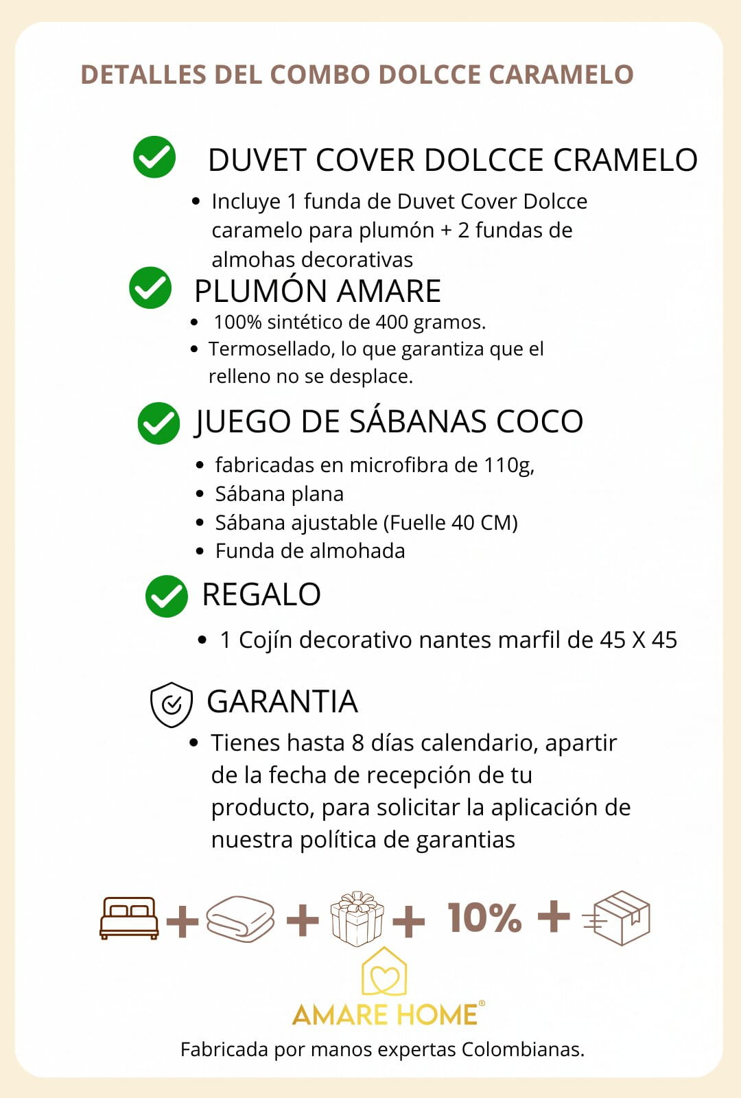 Combo Dolcce Caramelo: Plumón + Duvet Cover + Juego de Sábanas + Cojín REGALO + ENVÍO GRATIS