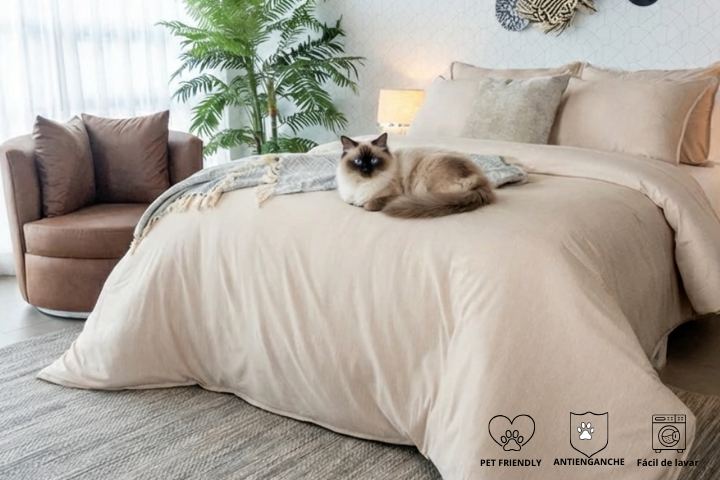 Gatito descansando sobre una cama tendida con el hermoso combo Caramelo Amare.