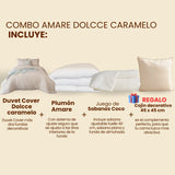 El combo Dolcce Caramelo de Amare Incluye: Duvet Cover Dolcce Caramelo, Plumon Amare, Juego de Sabanas Coco y de regalo un hermoso cojín decorativo