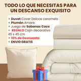 Muestra los items del Duvet Cover Caramelo de Amare: Duvet Cover Dolcce Caramelo, Plumón Amare, Juego de Sabanas y el cojín de regalo.