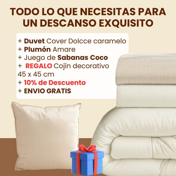 Muestra los items del Duvet Cover Caramelo de Amare: Duvet Cover Dolcce Caramelo, Plumón Amare, Juego de Sabanas y el cojín de regalo.