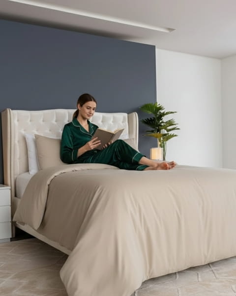 Muestra a una chica leyendo un libro sentada sobre una cama, tendida con nuestro heromoso Combo Sahara Amare.