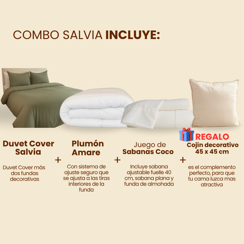 Combo Salvia: Plumón + Duvet Cover + Juego de Sábanas + Cojín REGALO + ENVÍO GRATIS