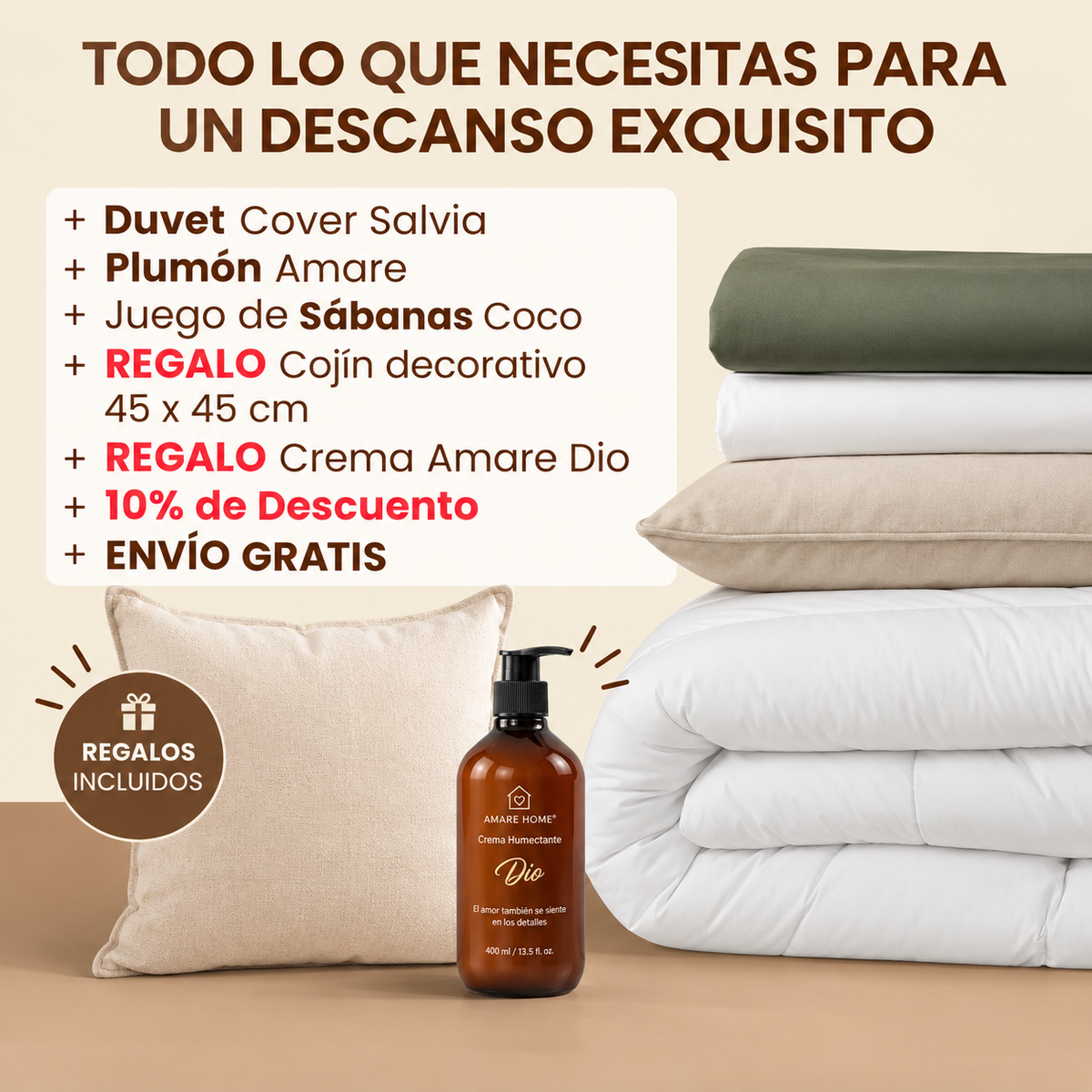 Combo Salvia: Plumón + Duvet Cover + Juego de Sábanas + Cojín y Crema Humectante de REGALO + ENVÍO GRATIS
