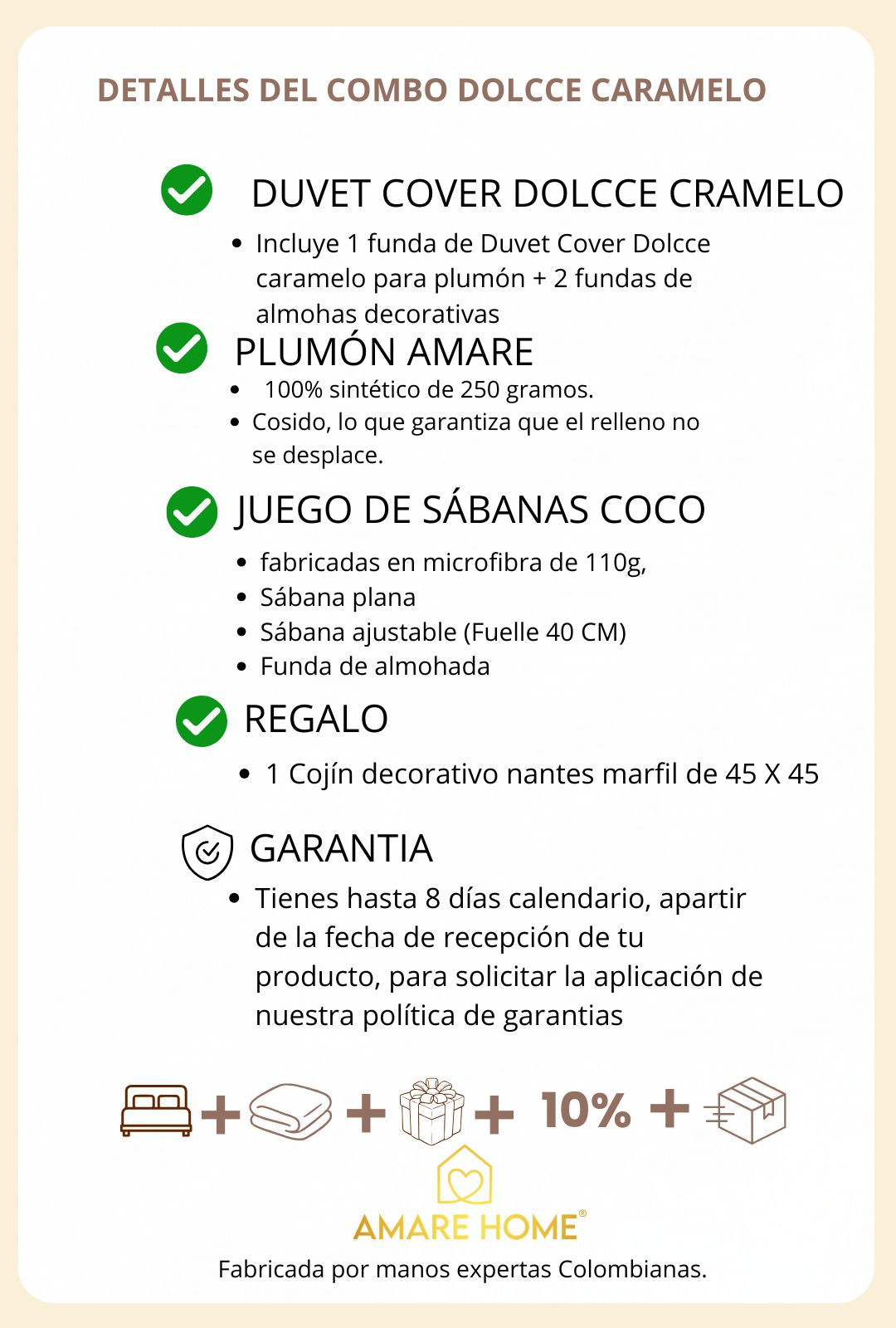 Combo Dolcce Caramelo: Plumón + Duvet Cover + Juego de Sábanas + Cojín REGALO + ENVÍO GRATIS